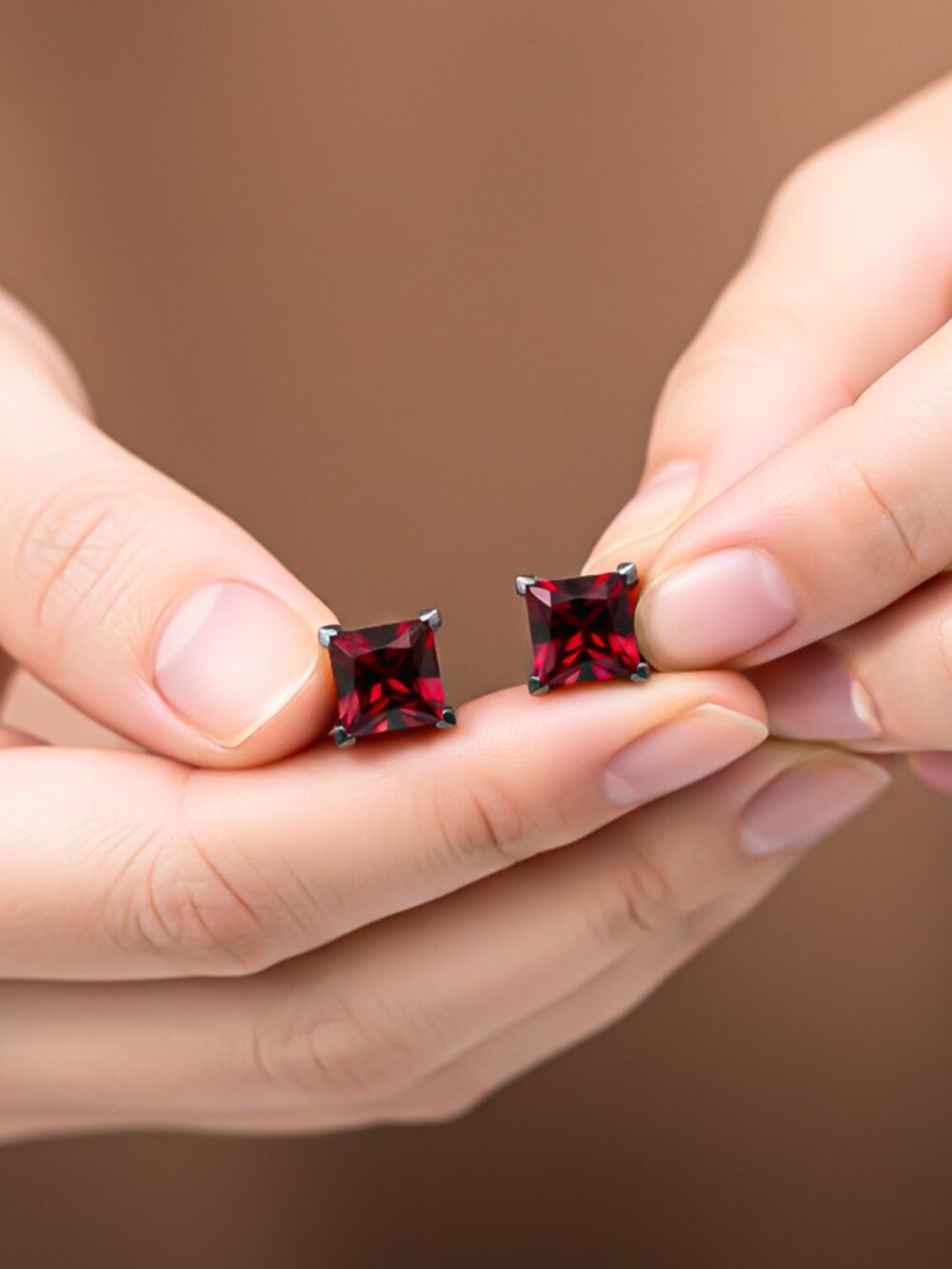 Silver Square Red Garnet Stud Earrings Gold Vermeil (2.5 Micron)